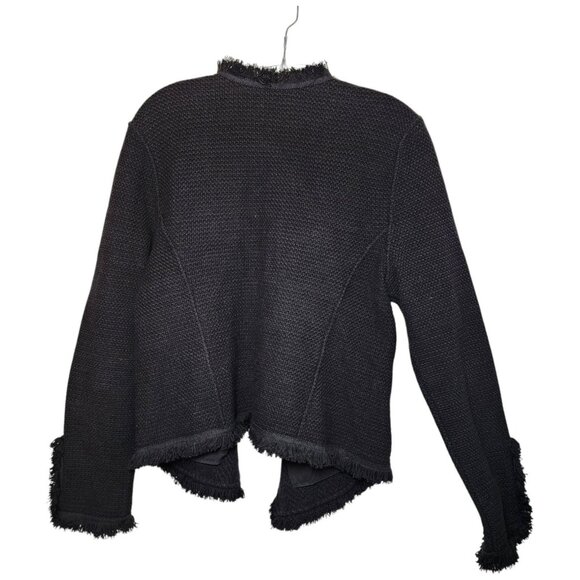 Nic + Zoe Womens Jacket L Black Fringe Open Front Knit Zip Pocket Long Sleeve - Picture 4 of 9